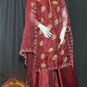 Burgundy and Gold Embroidered Women's Wedding Dress